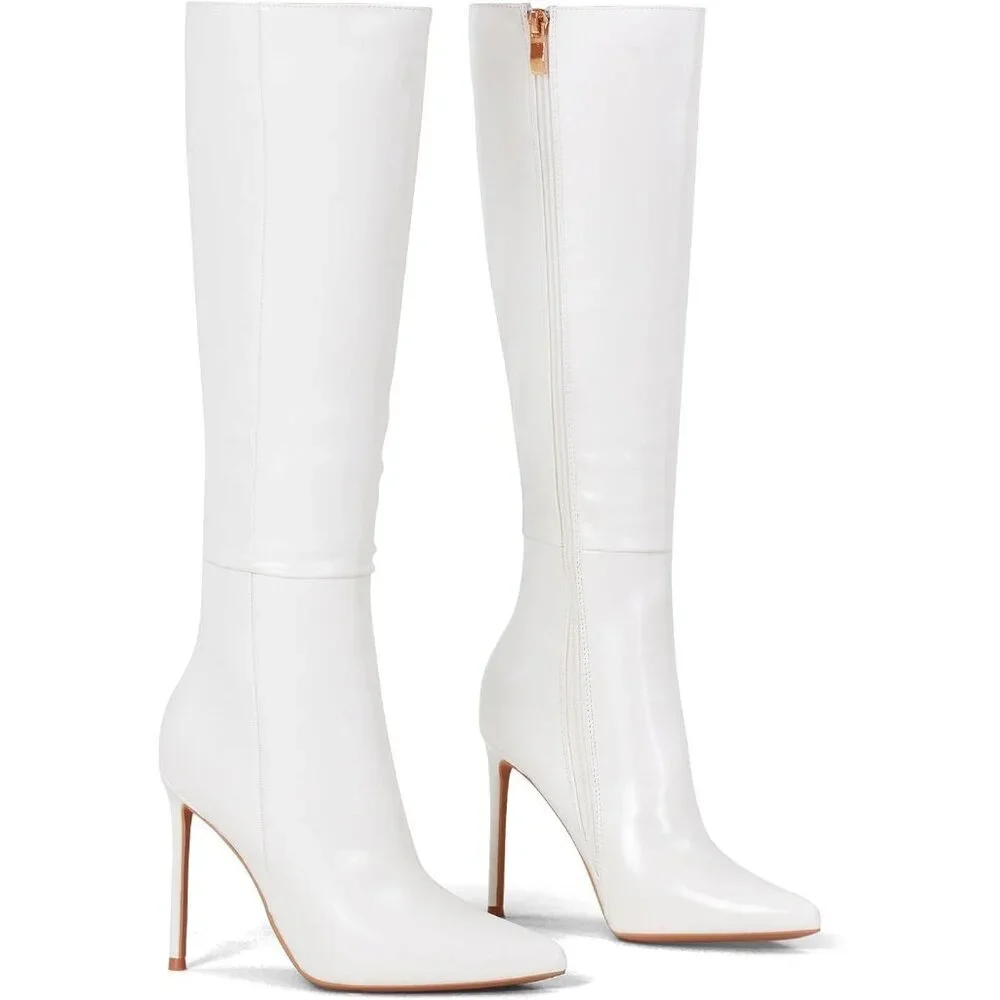 Women's White Leather Suede Knee High Stiletto Tall Pointed Toe Stylish Boot